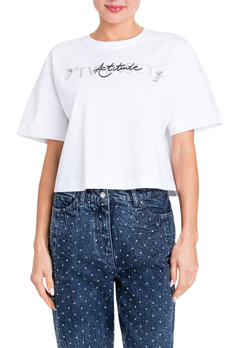 T-shirt in cotone con cristalli e logo Twinset Actitude Twinset