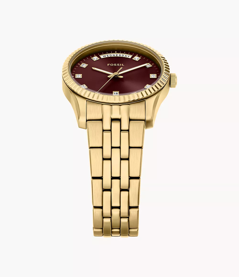 Orologio Scarlette 34 mm a tre sfere con data e giorno e bracciale in acciaio color oro Fossil