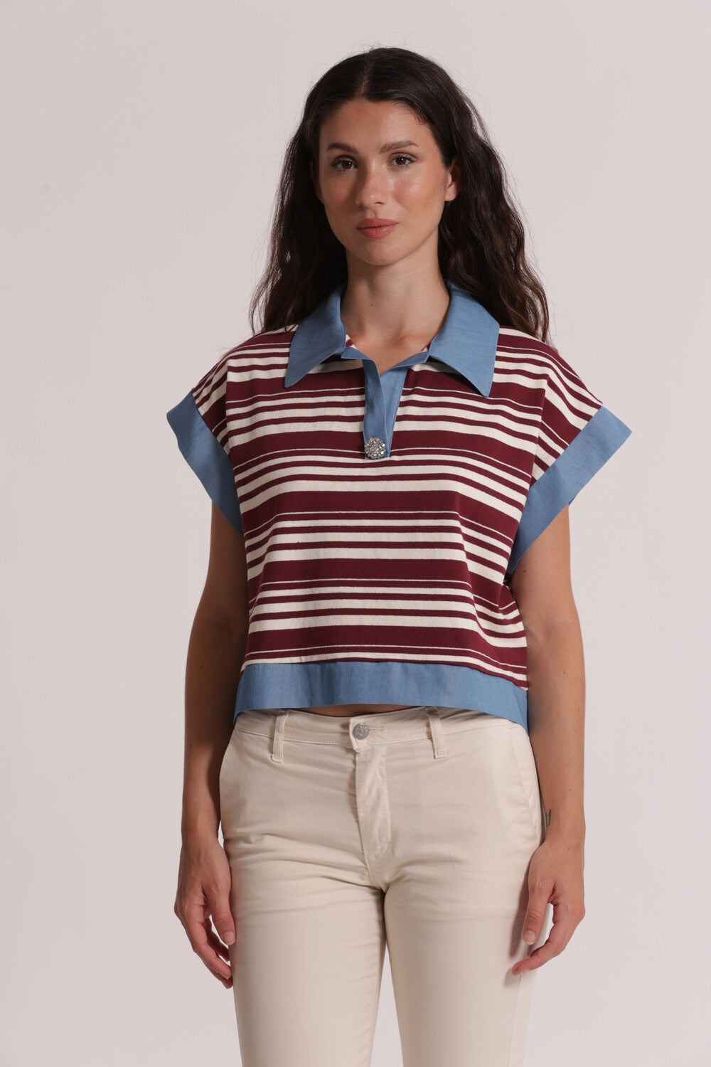 T-SHIRT CON COLLETTO A RIGHE E INSERTI IN DENIM MIMI-MUA