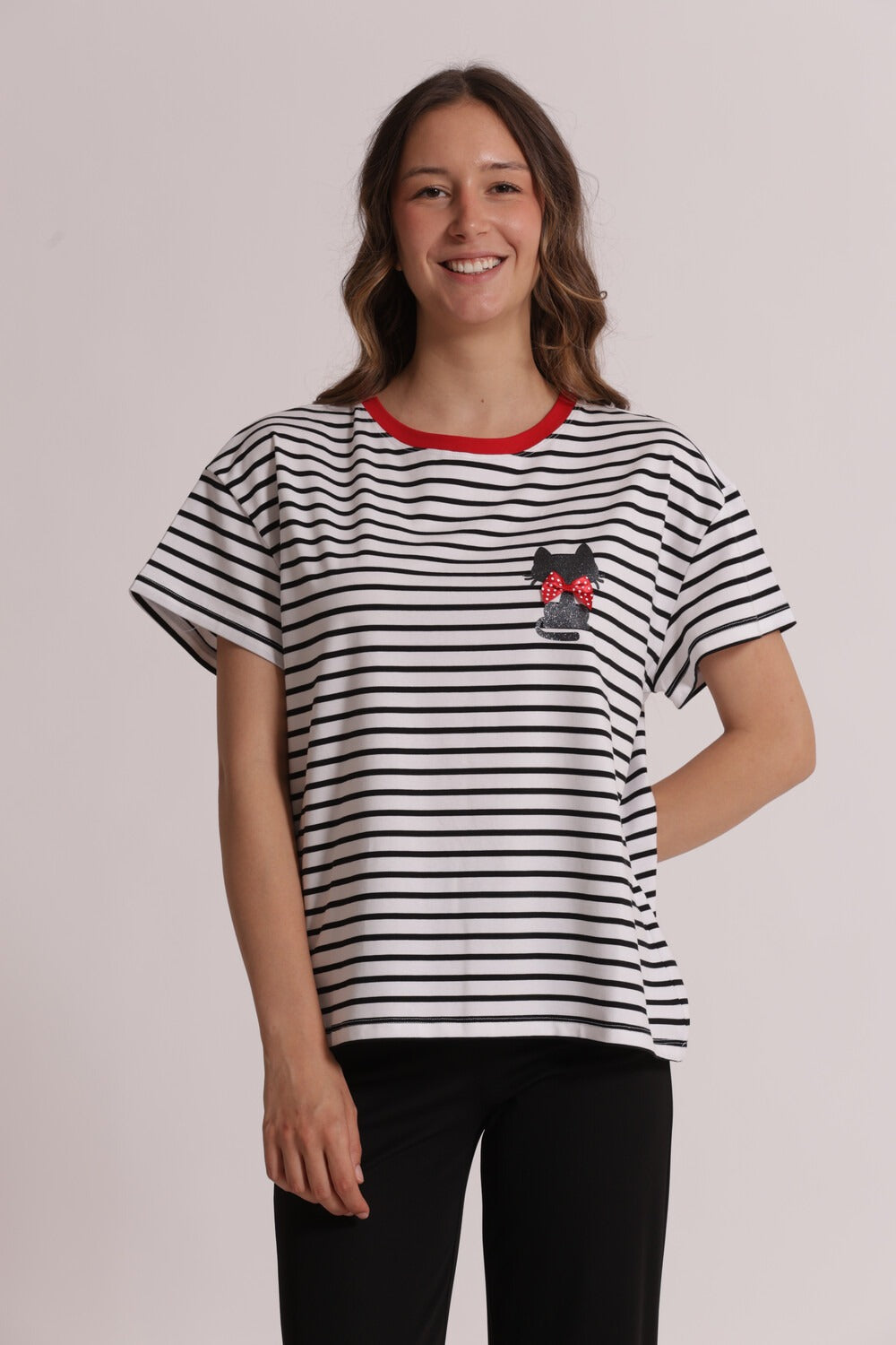 T-SHIRT RIGHE CON STAMPA GATTO MIMI-MUA