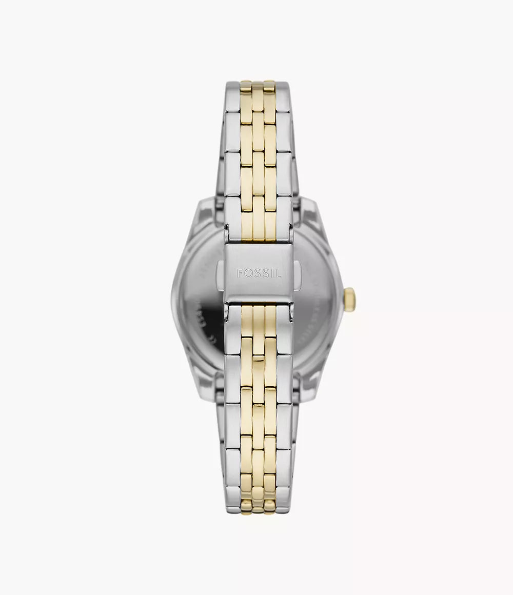Orologio Scarlette 33 mm a tre sfere con datario e bracciale in acciaio bicolore Fossil