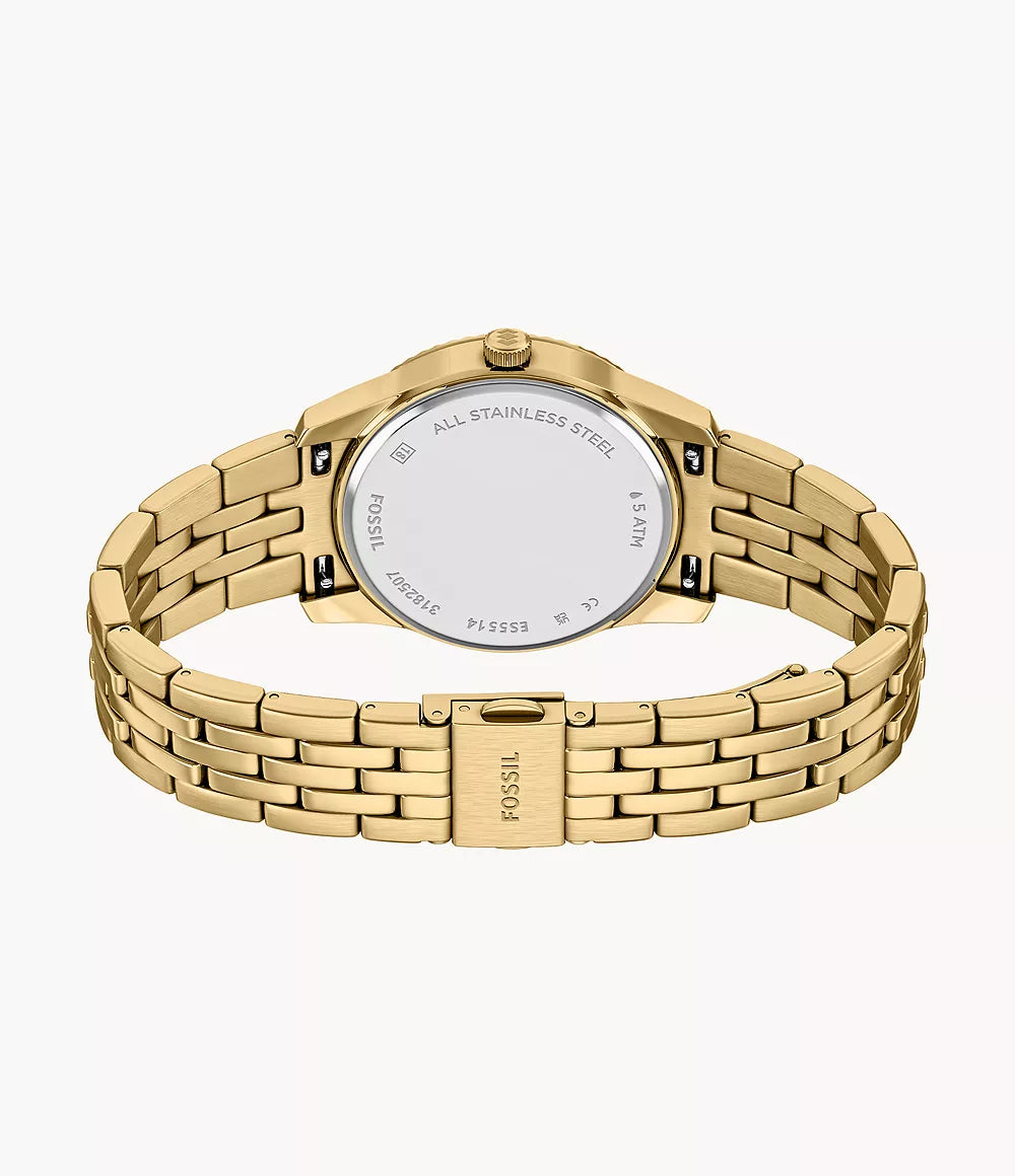 Orologio Scarlette 34 mm a tre sfere con data e giorno e bracciale in acciaio color oro Fossil