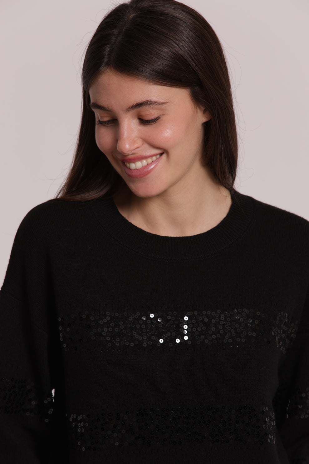 MAGLIA SCOLLO TONDO CON RIGHE IN PAILLETTES MIMI-MUA