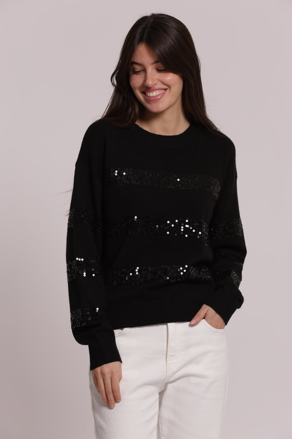 MAGLIA SCOLLO TONDO CON RIGHE IN PAILLETTES MIMI-MUA