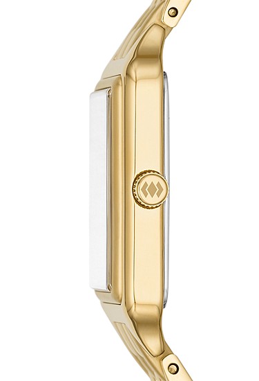 Orologio Raquel 23 mm a tre sfere con datario e bracciale in acciaio color oro Fossil