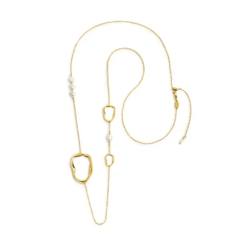 Collana catena con tre elementi di diverse dimensioni a forma organica e perle Marlù