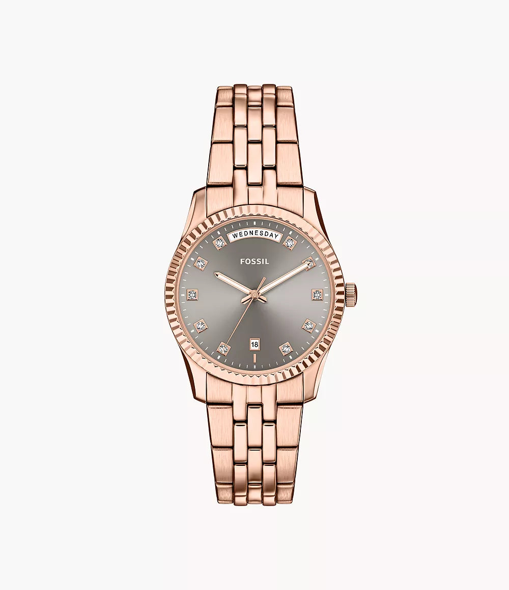 Orologio Scarlette 34 mm a tre sfere con data e giorno e bracciale in acciaio Fossil