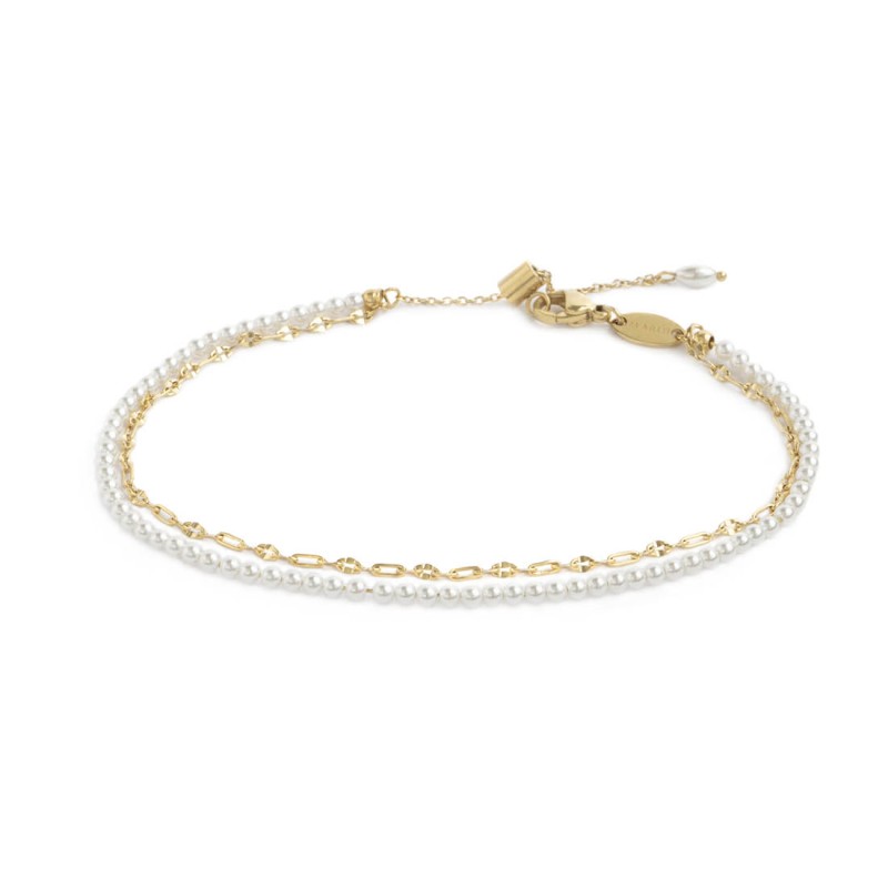 Cavigliera doppia catena con perle bianche e lip-cable MARLU'