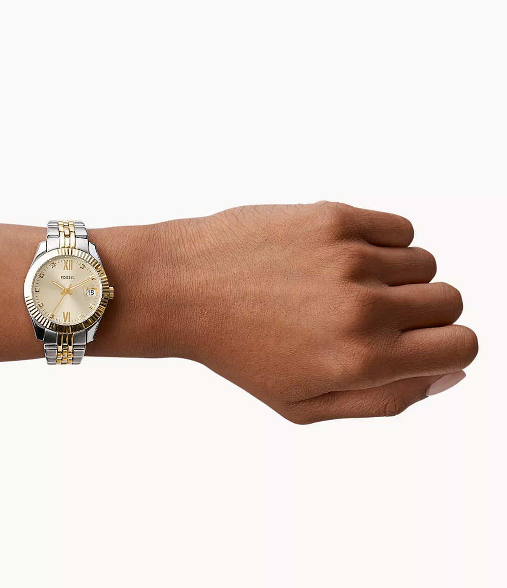 Orologio Scarlette 33 mm a tre sfere con datario e bracciale in acciaio bicolore Fossil