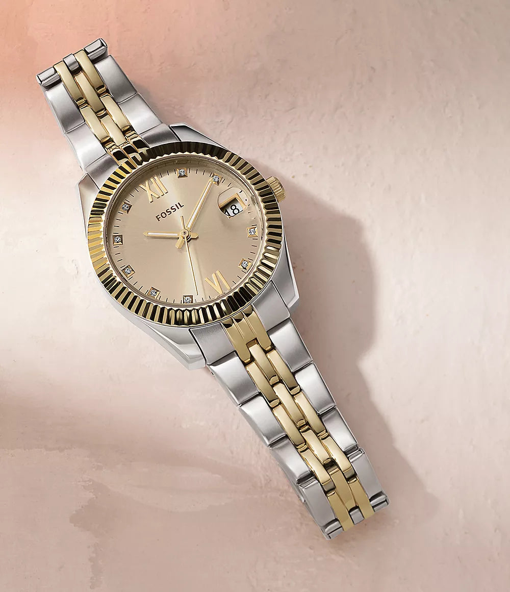 Orologio Scarlette 33 mm a tre sfere con datario e bracciale in acciaio bicolore Fossil