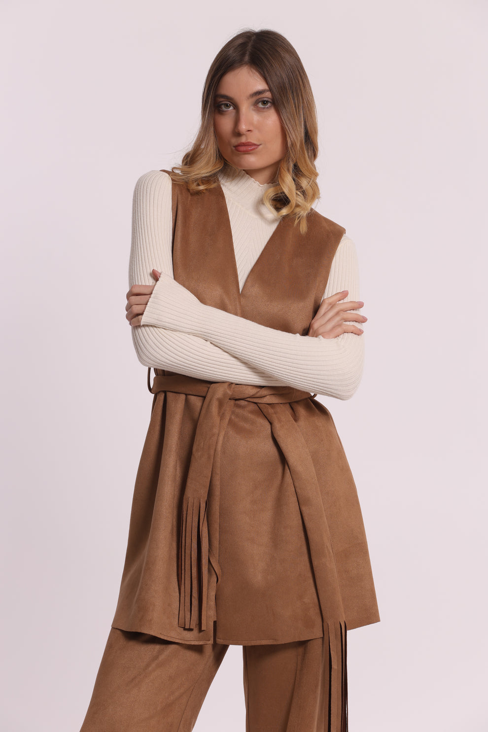 GILET LUNGO IN JERSEY EFFETTO CAMOSCIO MIMI-MUA