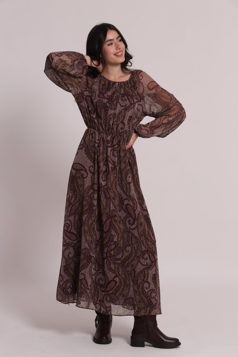 ABITO MIDI FANTASIA PAISLEY CON FIOCCO FRONTALE Mimi-Mua