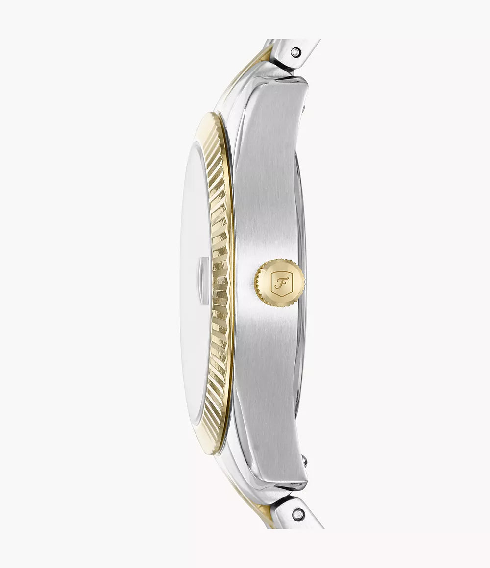 Orologio Scarlette 33 mm a tre sfere con datario e bracciale in acciaio bicolore Fossil