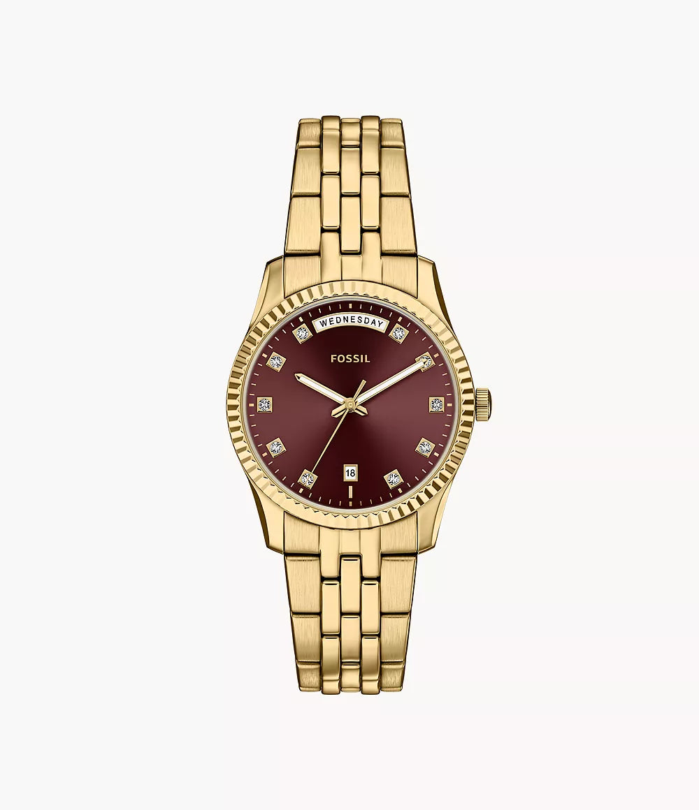 Orologio Scarlette 34 mm a tre sfere con data e giorno e bracciale in acciaio color oro Fossil