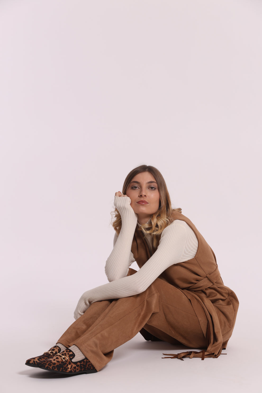 PANTALONE DRITTO IN JERSEY EFFETTO CAMOSCIO BEIGE MIMI-MUA